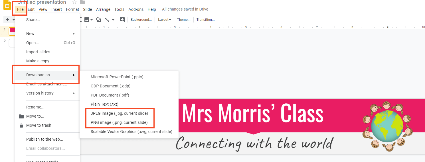 Screenshot showing how to save Google slides as an image