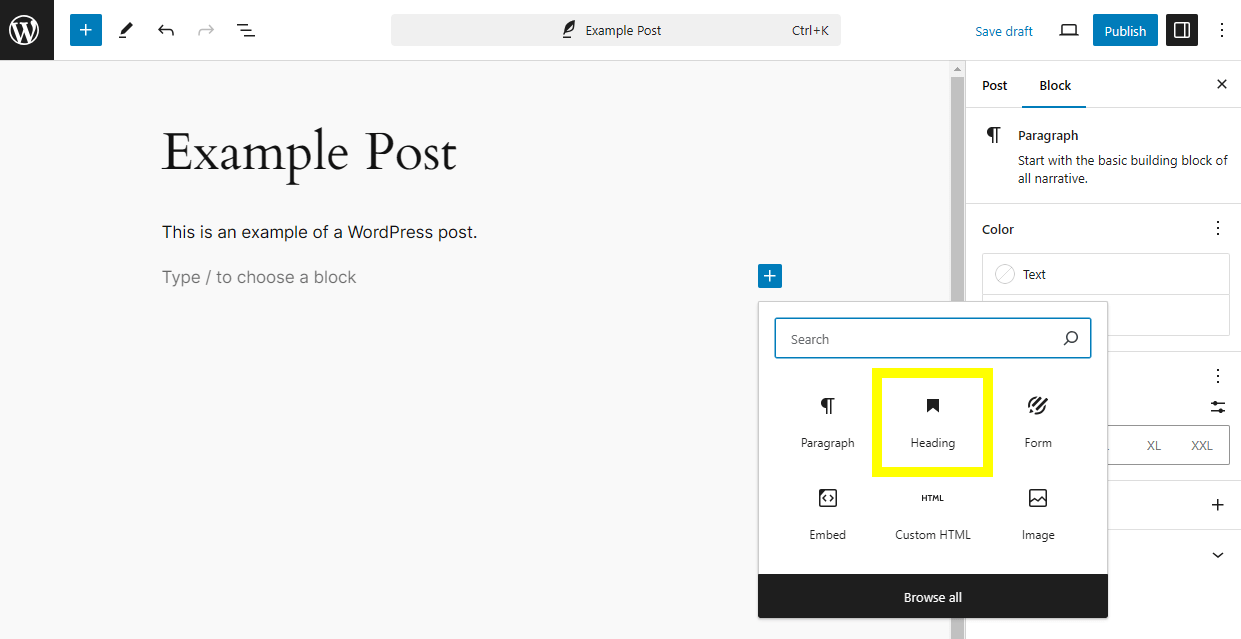 Click on Heading in the Block Editor (screenshot)