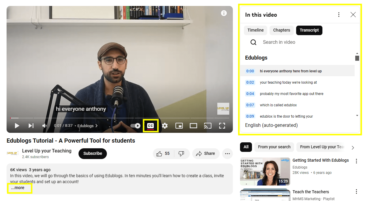 Screenshot showing how to open transcript in YouTube as explained in the post. 