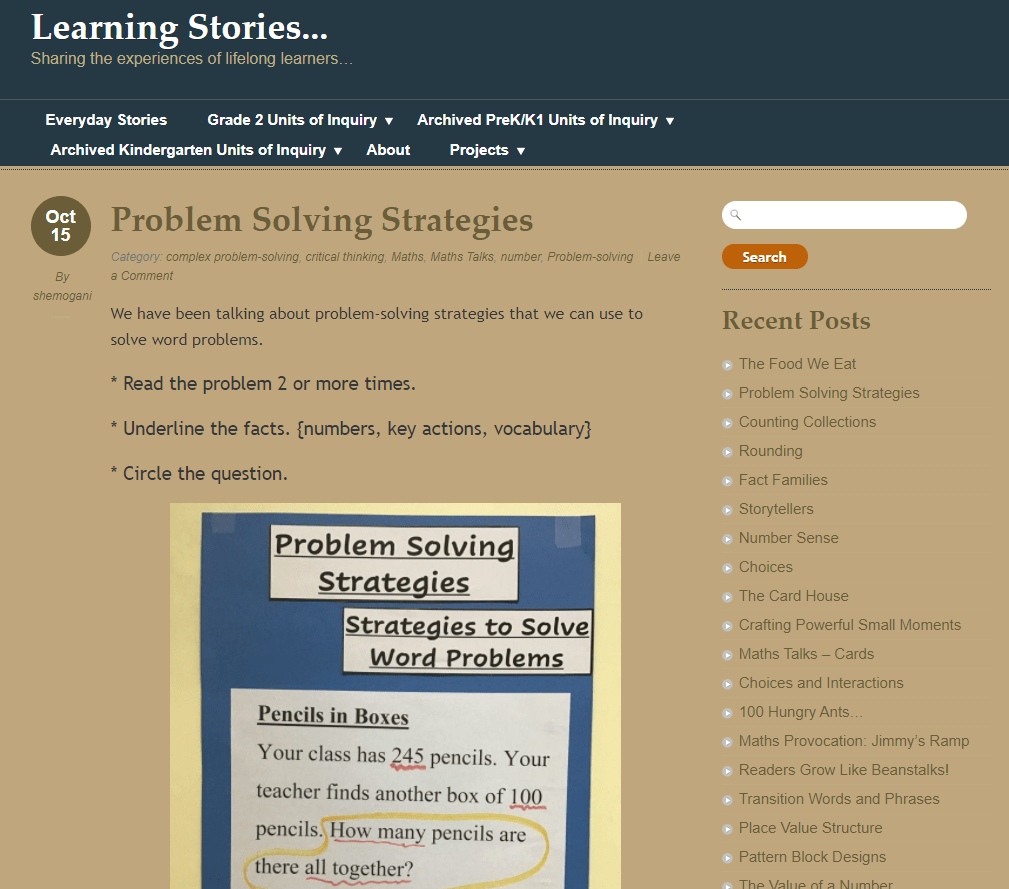Screenshot of Learning Stories class blog