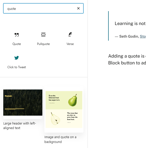 Adding a Quote block in the Gutenberg editor.